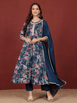 Women's Floral Printed Zari Detailed Anarkali Kurta With Trouser & Dupatta