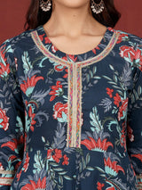 Women's Floral Printed Zari Detailed Anarkali Kurta With Trouser & Dupatta
