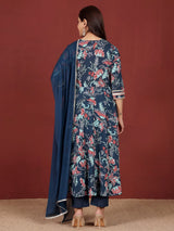 Women's Floral Printed Zari Detailed Anarkali Kurta With Trouser & Dupatta
