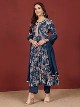 Women's Floral Printed Zari Detailed Anarkali Kurta With Trouser & Dupatta