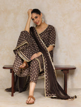 Women's Ethnic Jaipuri Printed V Neck Sequin Detailed Anarkali With Trouser & Dupatta