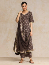 Women's Ethnic Jaipuri Printed V Neck Sequin Detailed Anarkali With Trouser & Dupatta