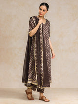 Women's Ethnic Jaipuri Printed V Neck Sequin Detailed Anarkali With Trouser & Dupatta