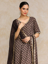 Women's Ethnic Jaipuri Printed V Neck Sequin Detailed Anarkali With Trouser & Dupatta