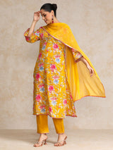 Women's Floral Printed Boho Look Flared Sleeve Kurta With Trouser & Dupatta