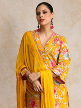 Women's Floral Printed Boho Look Flared Sleeve Kurta With Trouser & Dupatta