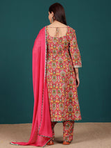 Women's Ethnic Floral Printed Zari & Sequin Lace Anarkali Kurta With Dhoti Trouser & Dupatta