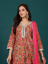 Women's Ethnic Floral Printed Zari & Sequin Lace Anarkali Kurta With Dhoti Trouser & Dupatta