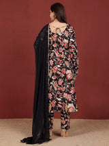 Women's Ethnic Floral Printed Scoop Neck Anarkali With Trouser & Dupatta