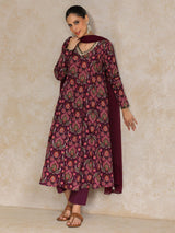 Women's Ethnic Printed V Neck Chudidar Sleeve Anarkali With Trouser & Dupatta
