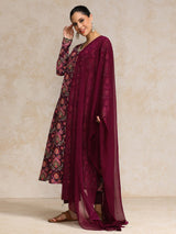 Women's Ethnic Printed V Neck Chudidar Sleeve Anarkali With Trouser & Dupatta