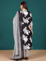 Women's Bold Floral V Neck Printed Kurta With Trouser & Dupatta