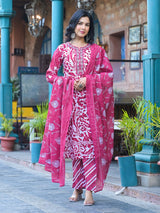 Women's Pink Floral Printed Thread Embroidered Cotton Kurta With Trouser & Dupatta