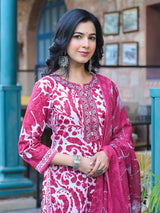 Women's Pink Floral Printed Thread Embroidered Cotton Kurta With Trouser & Dupatta