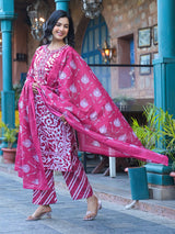 Women's Pink Floral Printed Thread Embroidered Cotton Kurta With Trouser & Dupatta