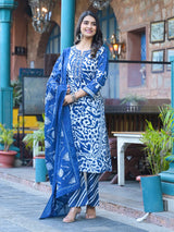 Women's Blue Floral Printed Thread Embroidered Cotton Kurta With Trouser & Dupatta