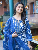 Women's Blue Floral Printed Thread Embroidered Cotton Kurta With Trouser & Dupatta