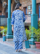 Women's Blue Floral Printed Thread Embroidered Cotton Kurta With Trouser & Dupatta