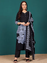 Women's Bold Floral Printed V Neck Embroidered Kurta With Trouser & Dupatta
