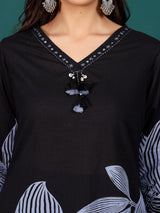 Women's Bold Floral Printed V Neck Embroidered Kurta With Trouser & Dupatta