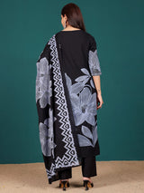 Women's Bold Floral Printed V Neck Embroidered Kurta With Trouser & Dupatta