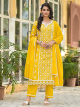 Women's Ethnic Jall All Over Thread Embroidered Chikankari Kurta With Trouser & Dupatta