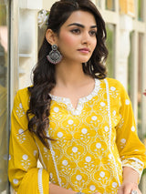 Women's Ethnic Jall All Over Thread Embroidered Chikankari Kurta With Trouser & Dupatta