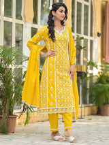 Women's Ethnic Jall All Over Thread Embroidered Chikankari Kurta With Trouser & Dupatta