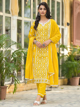 Women's Ethnic Jall All Over Thread Embroidered Chikankari Kurta With Trouser & Dupatta