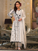 Women's Thread Embroidered Chikankari Anarkali Kurta With Trouser & Dupatta