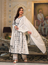 Women's Thread Embroidered Chikankari Anarkali Kurta With Trouser & Dupatta