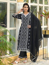 Women's Ethnic Jall All Over Thread Embroidered Chikankari Kurta With Trouser & Dupatta