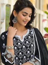 Women's Ethnic Jall All Over Thread Embroidered Chikankari Kurta With Trouser & Dupatta
