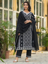 Women's Ethnic Jall All Over Thread Embroidered Chikankari Kurta With Trouser & Dupatta