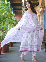 Women's Ethnic Jaipuri Printed Flared Kurta With Trouser & Dupatta