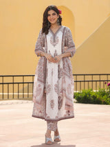 Women's Floral Jaipuri Printed Gathered Princess Cut Flared Kurta With Trouser & Dupatta