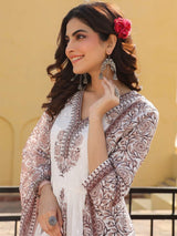 Women's Floral Jaipuri Printed Gathered Princess Cut Flared Kurta With Trouser & Dupatta
