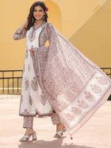 Women's Floral Jaipuri Printed Gathered Princess Cut Flared Kurta With Trouser & Dupatta