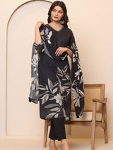 Women's Floral Placement Printed V Neck Thread Embroidered Kurta With Trouser & Dupatta