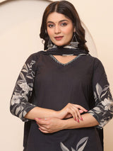 Women's Floral Placement Printed V Neck Thread Embroidered Kurta With Trouser & Dupatta