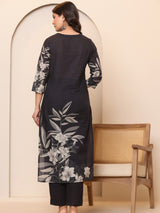 Women's Floral Placement Printed V Neck Thread Embroidered Kurta With Trouser & Dupatta