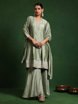Women's Zari & Sequin Embroidery Neck Flared Anarkali With Sharara And Dupatta