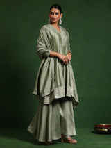 Women's Zari & Sequin Embroidery Neck Flared Anarkali With Sharara And Dupatta