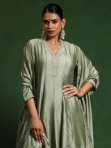 Women's Zari & Sequin Embroidery Neck Flared Anarkali With Sharara And Dupatta