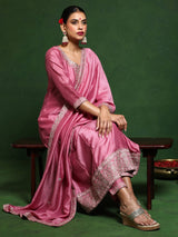Women's Zari Embroidered Anarkali Kurta With Trouser & Dupatta