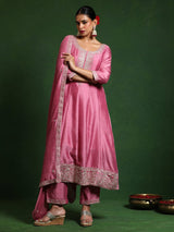 Women's Zari Embroidered Anarkali Kurta With Trouser & Dupatta