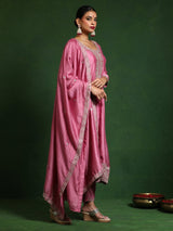 Women's Zari Embroidered Anarkali Kurta With Trouser & Dupatta
