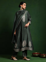 Women's Zari Embroidered Anarkali Kurta With Trouser & Dupatta
