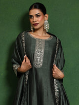Women's Zari Embroidered Anarkali Kurta With Trouser & Dupatta