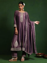 Women's Zari Embroidered Anarkali Kurta With Trouser & Dupatta